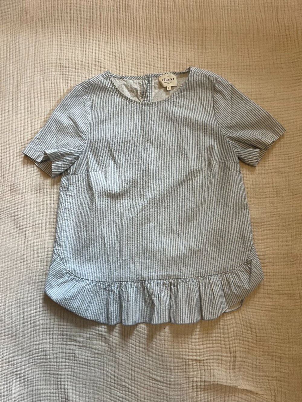 Sézane Blue and White Striped Ruffle Hem Blouse